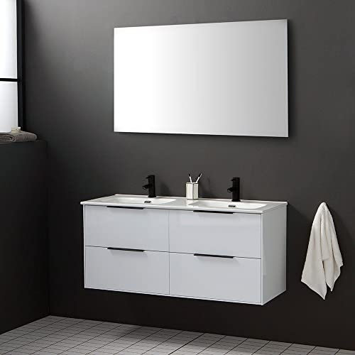 Kiamami Valentina - Mobile Bagno Sospeso | 120CM Bianco Lucido | Maniglie Nero Opaco | Doppio Lavabo in Resina | Design Contemporaneo, Specchio A Filo, MDF+MFC