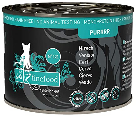 catz finefood Purrrrr Hirsch Monoprotein cibo umido per gatti N° 121, per gatti sensibili alla nutrizione, 70% carne, 6 barattoli da 200 g