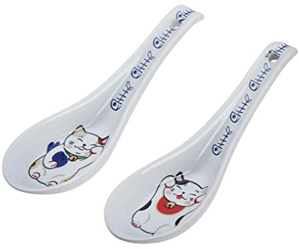 ToKYO Design Lucky Cat - Suppen-Löffel-Set rot-blau, 2 Stück Asia-Löffel - asiatisches Porzellan im japanischen Design ca. 13,8 x 4,8 cm
