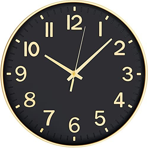 HZDHCLH Wall Clock 12 Inch Silent Non Ticking Clock for Living Room Bedroom Kitchen Office (Black-gold)