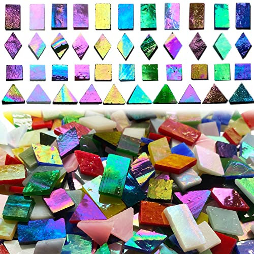 510 Stück schillernde Glas-Mosaikfliesen zum Basteln, gemischte 4 Formen, bunte Buntglas-Stücke, Zubehör für Mosaik-Projekte, KALUCION Mosaik-Set für Erwachsene, verschiedene Regenbogenfarben