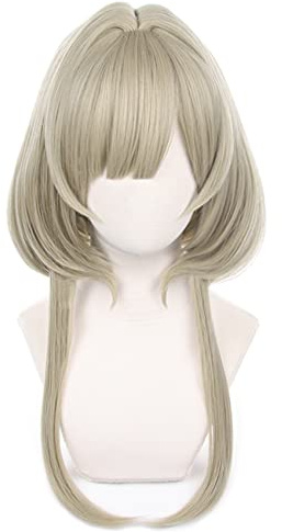 Beige Bob Kurze Cosplay Perücke mit langem Sideburn Hitzebeständig Custome Haar für Erwachsene Frauen Halloween Cos Anime Party Ersatz Perücken