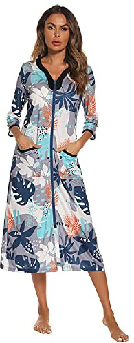 Verve Jelly House Dresses for Womens Robe Long Zip Up House Coat Half Sleeve Night Gowns Comfy Floral Print Loungewear Grey M
