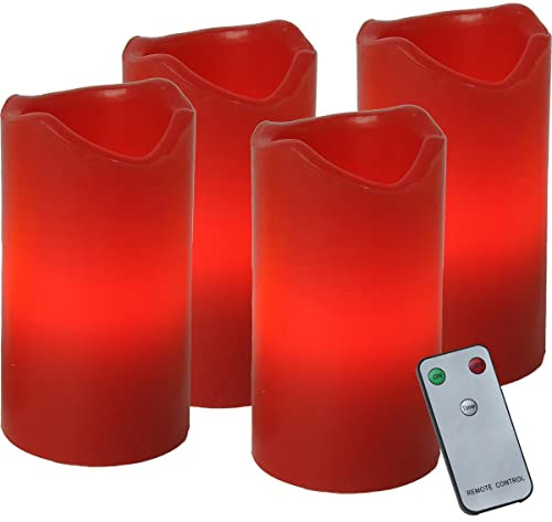 LED Kerzenset - Echtwachs - flackernde LED - Timer - Fernbedienung - 4er Set (rot)