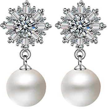 Pendientes de plata 925 para mujer con perla en forma de copo de nieve, pendientes de perlas de Austria de 10 mm de libra de plata 925 hipoalergénicos colgantes i para mujer regalo para la novia madre