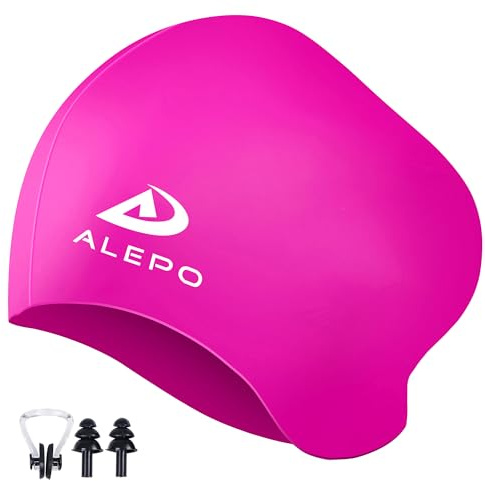 Alepo Badekappe Damen Lange Haare, Hochelastische Dicke Silikon Schwimmkappe Damen Herren Unisex Erwachsene, Badehaube Bademütze mit Ohrstöpseln Nasenclip, Halten Sie Ihr Haar Trocken