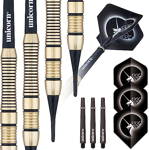 Unicorn Soft Tip Darts Set, Core Plus, Brass Barrels, 16g, 17g, 18g or 19g