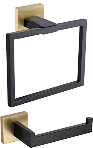 Toalleros de Aro Acero Inoxidable Toallero de Estilo Montado en Pared e Anilla INOX 304 Chrome Accessori Bagno de Toalla Soporte de Toalla(Nero + Oro)