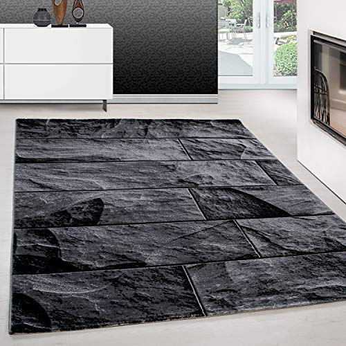 Teppium Moderner Kurzflor Teppich Wohnzimmer 140 x 200 cm Schwarz - Teppich Waschbar, Steindesign, Pflegeleicht und Weich - Ideal für Schlafzimmer, Esszimer und als Küchenteppich