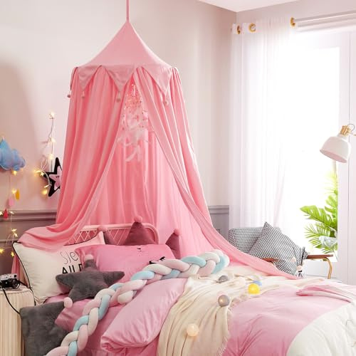 Surwin Baldachin Betthimmel Rosa Madchen Jungen Babybett, Himmelbett Moskitonetz Bett mit Kugel für Kinderbett Kinderzimmer Einzelbett Schlafzimmer Kinder Geschenk Reise