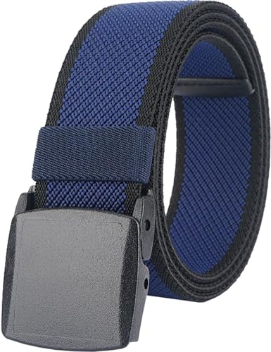 LionVII Mens Elastic Web Belts - Mens Stretch Fabric Belt Plastic Buckle for Outdoor Sport Hiking Casual - Adjustable[49 L x 1.5 W](Blue Strap Black Edge)
