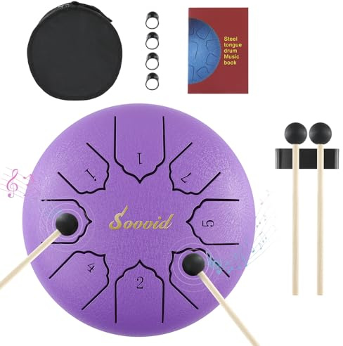 Sovvid Steel Tongue Drum, 6 Zoll 8 Töne Zungentrommel mit Tasche, Drumsticks, Schlägelhalter, Fingerpicks und Notenheft, Handpan-Trommel für musikalische Früherziehung Zen Meditation Yoga (Lila)