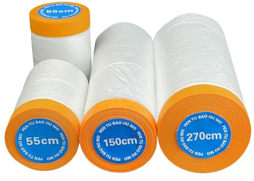 4 Rollen Abdeckfolie mit Klebeband (55cm+150cm+270cm), Malerzubehör Abdeckband Malerfolie für Fenster Wasserdichte Malerfolie für Anstriche. Abdeckfolie Stark Für Malerbedarf, Werkzeuge und Tapeten