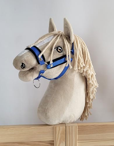 Verstellbares Halfter für Hobby Horse A3 mit Fell. Set ohne Pferd. blau mit schwarzem Fell