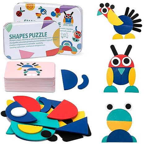 Holz Puzzle Blöcke, Geometrische Formmuster Tangram Puzzle Spielzeug mit 36 Bunte Holzmuster Blöcke und 60 Karten Montessori Lernspielzeug Geschenk für Kinder ab 3 Jahren