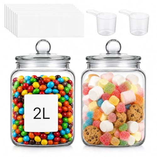 SHUESS Godisglas med lock, set om 2, 2 l förvaringsburkar av glas, stor glasburk för sötsaker, kex, kaffe, pasta, tvättmedel, podsförvaring med 18 etiketter och 2 mätskedar