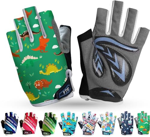 FINGER TEN Kids Cycling Gloves Half Finger Gel Padded | Non Slip Grip Control, Cushioned Palm Protection, Breathable & Flexiblely Fit, Adjustable Wrist Fit, Kids Outdoor Sports Use