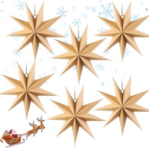 OMIGA 6 Pcs Paper Stars Hanging Paper Christmas Stars Lanterns 30 CM Pointed Paper Star Decorations for Wedding Birthday Baby Shower Room Christmas Ornaments Party Supplies (Kraft Paper Color)