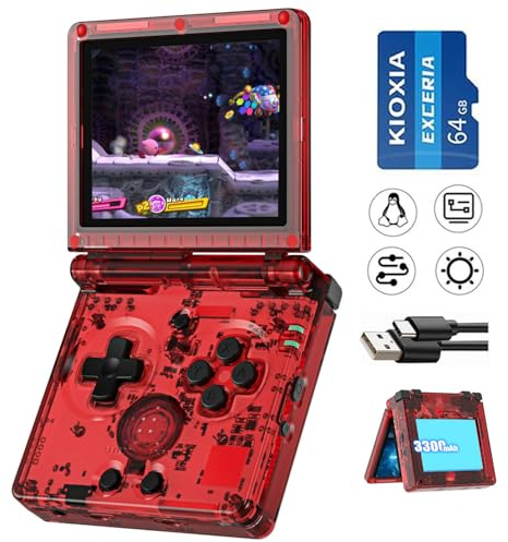 RG35XXSP Flip Portable Retro Handheld Game Console,RG35XXSP 3.5 Inch IPS Screen Linux System With 64G TF Card Pre-installed 5532 Games,Clamshell Games Consoles Supports 5G WiFi Bluetooth HDMI xxsp red