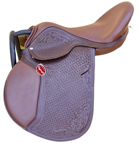 kayfcrafts Springsattel aus braunem Leder, baumlos, mit Werkzeug und Schnitzen, Steigbügel und Riemen für Pferde, Braun, 43,2 cm