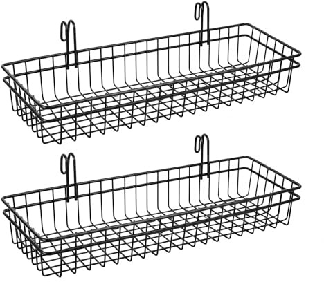 ANZOME 2 Pcs Metal Grid Wall Baskets with Hooks - Black Hanging Wire Basket Grid Wall Shelves - Multi Function Storage Organizer Plant Holder Shelf for Mesh Wall Grid Kitchen Organizing Display