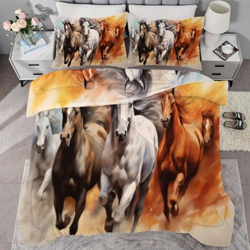 buyluhn Piumino completo con cavallo che corre, reversibile, per tutte le stagioni, per letto matrimoniale, 7,5 tog, lavabile in lavatrice, per letto matrimoniale, estate e inverno, leggero, 2 federe