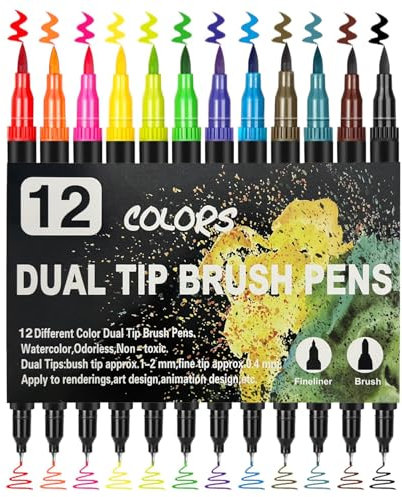 QZKJQDD Fineliner Set, 12 Farben Feine Spitze & Pinselspitze, Dual Brush Pinselmarker, Dual Brush Pen Set, Filzstifte Dicke und Dünne,für Erwachsene und Kinder–Zum Ausmalen, Zeichnen, DIY-Projekte