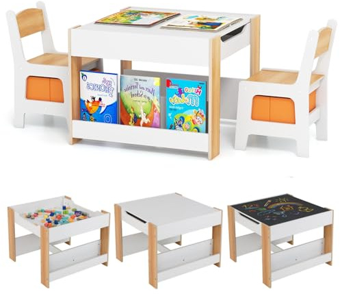 LIFEZEAL Tavolino Bambini, in Legno, Tavolo Bambini con Sedie, con Contenitori Rimovibili, Tavolo Disegno con Lavagna Bifacciale, Spazio Nascosto, Scaffali per Libri, Set per Bimbi 3 Anni+ (naturale)