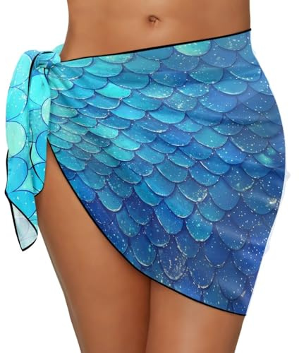 Biyejit Blue Fish Scales Women's Sarong Beach Cover Ups Bathing Suit Wrap Skirt Long Bikini Swimsuit Coverup with Sheer for Summer Pool Party