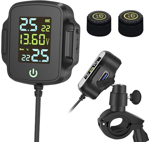 Motorcycle TPMS Sistema di Monitoraggio Della Pressione dei Pneumatici,Monitoraggio Della Temperatura e della Tensione,con 2 Sensori Esterni Display LCD Sistema di Allarme