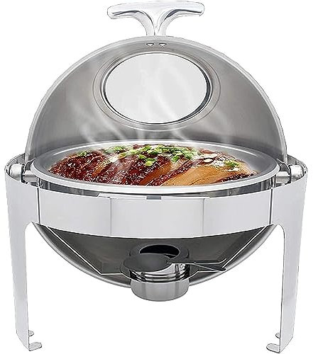 WOTZOV Rolltop-Chafing Dish, 6,8 l Edelstahl-Chafing Dish mit Sichtfenster, rundes Buffet-Speisenwärmer-Set mit Speisepfanne, Wasserpfanne und Brennstoffhaltern