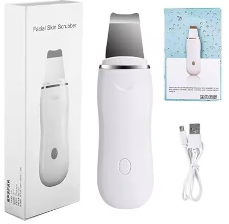Ultrasonic Facial Skin Scrubber – Electric Face Cleaning Device & Massager | 4-in-1 Deep Pore Cleanser with EMS, Ion+ & Ion– Modes | Stainless Steel Spatula, USB Rechargeable, Waterproof