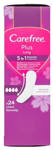 Carefree Salvaslip Plus Long Senza Profumo, Salva slip donna extra lungo con protezione 5in1 per 8h di sensazione di asciutto, Assorbenti senza profumo ultra sottili per uso quotidiano, 24 salvaslip