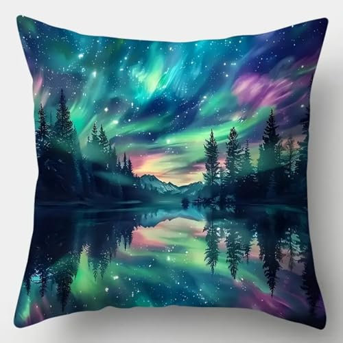 ANSIWEIGO Kit Point Noué Coussin,Canevas à Nouer 43x43 cm,Activité DIY pour Débutants, Enfants et Adultes,Décoration Maison et Cadeau Fait Main,Paysage d'aurores boréales