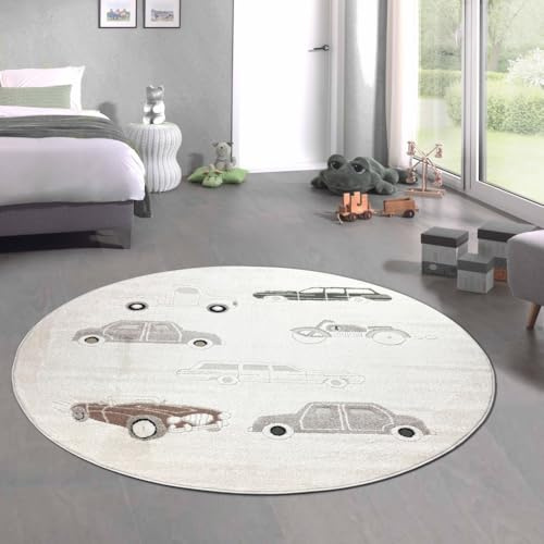 CARPETIA Kinderteppich Rund Auto-Motiv Creme Beige Hoch-Tief Ø 120 cm | Kuschelig weich, pflegeleicht, strapazierfähig und langlebig, OEKO-TEX geprüft, für Fußbodenheizung, Kinder- & Babyzimmer
