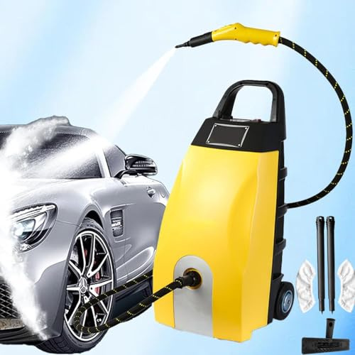 DHMYDPDZ Pulitore Elettrico a Vapore Multifunzione, Vapore 180 ºC e Pressione Regolabile Fino a 4-5 Bar,Lava Superfici e Tessuti con 6 Accessori,Lavaggio Auto e Pulizia condizionatori Yellow+mop