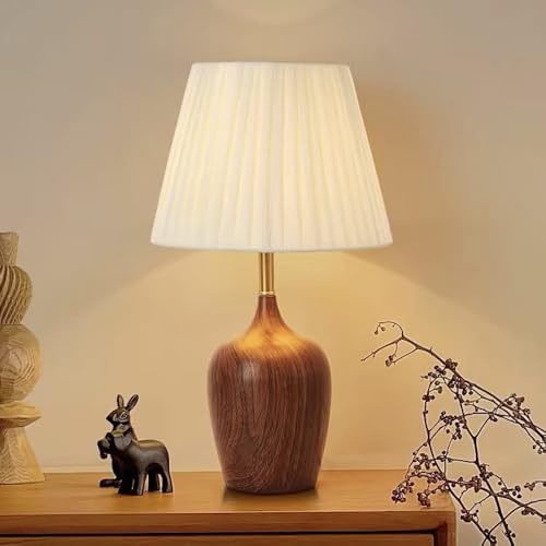 Mengjay Tischlampe aus Holz,Vintage Nachttischlampe mit Weiße Stoff Lampenschirm E27 Schreibtischlampe mit Kabel,Schlafzimmer Tischlampen,Tischleuchte, Nachtlicht,Leselampe,Deko Bedside Table Lamp