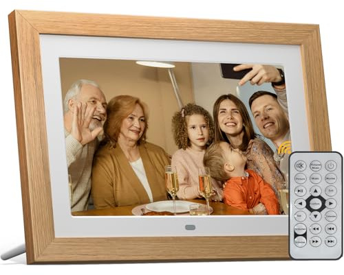 Digital Photo Frame 10 inch, BWJBSW Digital Picture Frame with Remote Control, HD Display Photo and Video with BGM, Support Max 32GB SD Card, USB, Auto Rotate, Auto ON/OFF, Detachable Wooden Frame