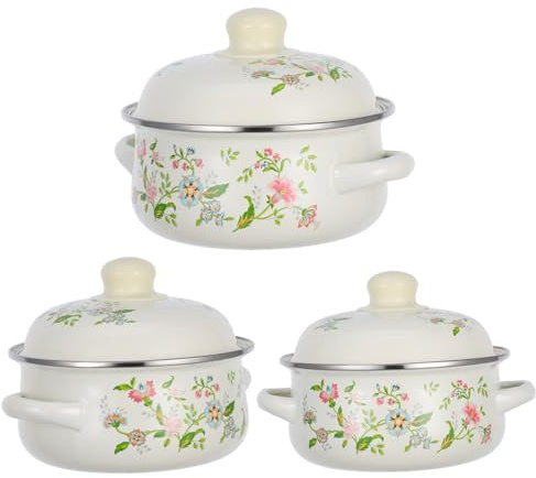 TOYANDONA Ensemble De 3 Marmites à Mijoter Émaillées à Double Poignée En Acier Émaillé Violet Floral, Petite Casserole Avec Couvercle, Cuisson Sur Plaque Adaptée Cuisine Quotidienne