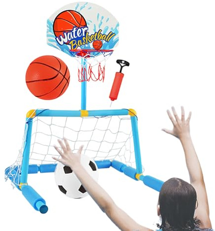 doyandader Basketballkorb für Pool | 2-in-1 Pool-Fußballtor, Wasserspiel mit Basketballkorb, 2 Bälle + Pumpe für 4 + Erwachsene, Familie, Reise