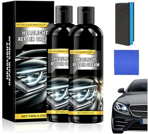 Doeyvose Scheinwerfer-Reparaturcreme, 2pcs Car Headlight Refurbish Agent, Scheinwerfer-Reinigungs- und Polierset, Mit Schwamm und Tuch, für alle Fahrzeuge für hellere, klarere (100g*2)