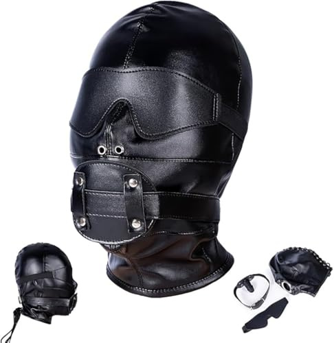 Leder Bondage Maske mit abnehmbarem Dildo-Mundknebel & Augenmaske – Verstellbare Fetisch Maske für Männer und Frauen, SM Bondage Zubehör für erotische Rollenspiele und Fantasien