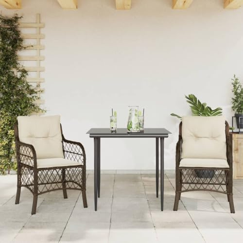 Ziaphsol Ensemble bistro 3 pièces avec coussins, marron en polyrotin résistant aux UV, 80 x 80 x 74 cm, 2 chaises avec coussins blanc crème pour balcon, terrasse, jardin