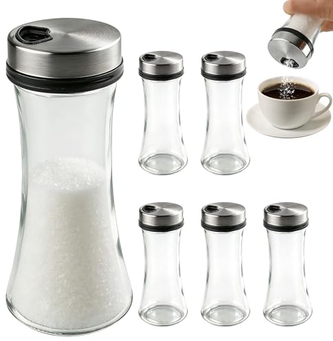 6 Pack Glass Sugar Dispenser with Adjustable 3-Hole Lid, 7 oz Sugar Shaker Jar, Airtight Sugar Shaker Container with Smooth One-Handed Pour for Coffee Bar, Tea & Baking, Kitchen Countertop Accessory