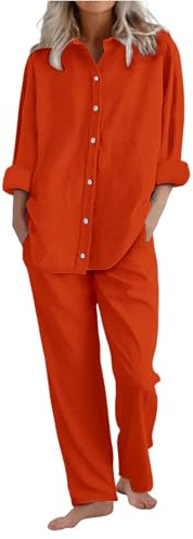 Damkläder 2-delat set, damträningsoveraller plusstorlek – avslappnade långärmade knappar ned blusar och raka ben byxor med fickor mode mångsidiga myskläder set vår och höst outfit, Orange, L