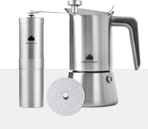 Groenenberg Spar Set 4 | Espressokocher Edelstahl 6 Tassen + Kaffeemühle manuell | Induktion Espressokanne (300ml) + Handkaffeemühle