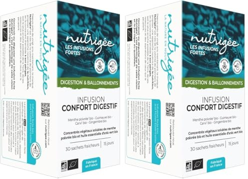 NUTRIGÉE - Infusion confort digestif Bio – Menthe poivrée, fenouil, rhubarbe, anis vert – Ballonnements, confort digestif et intestinal – CVS – 30 sachets – Formule concentrée – Fabriquée en France