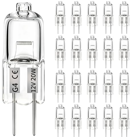 20 Stück G4 Halogen Leuchtmittel 12V 20W für Dunstabzug Schrank Tischlampen | 2700K Warmweiß | CRI 99 Farbtreu | 360° Rundumlicht Dimmbar | Langlebig 3000h | 280LM | 2 Pin 4mm Abstand | Jod Wolfram Faden