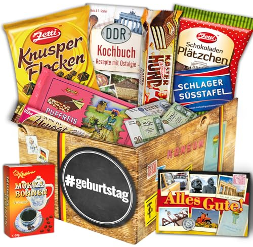 Geburtstag - Geschenkset Ostpaket mit DDR Kochbuch & Schokolade | DDR Süßigkeiten Set inklusive Zetti, Viba, Kalter Hund und Kochbuch in edler Präsentbox für Ostalgie Fans