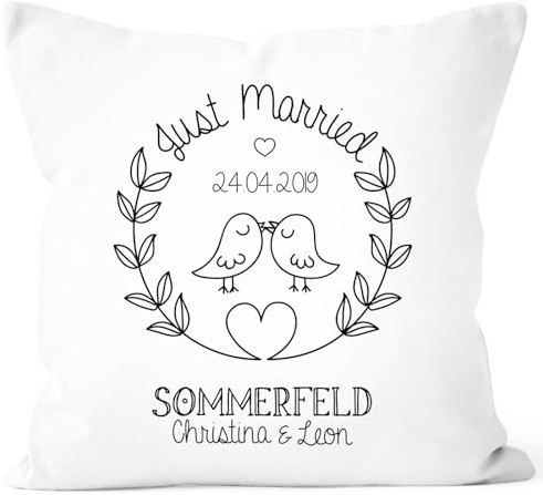 SpecialMe® personalisierbares Kissen zur Hochzeit Vögel Vogelpärchen Turteltäubchen Hochzeitsgeschenk Kissenhülle Weiss Unisize